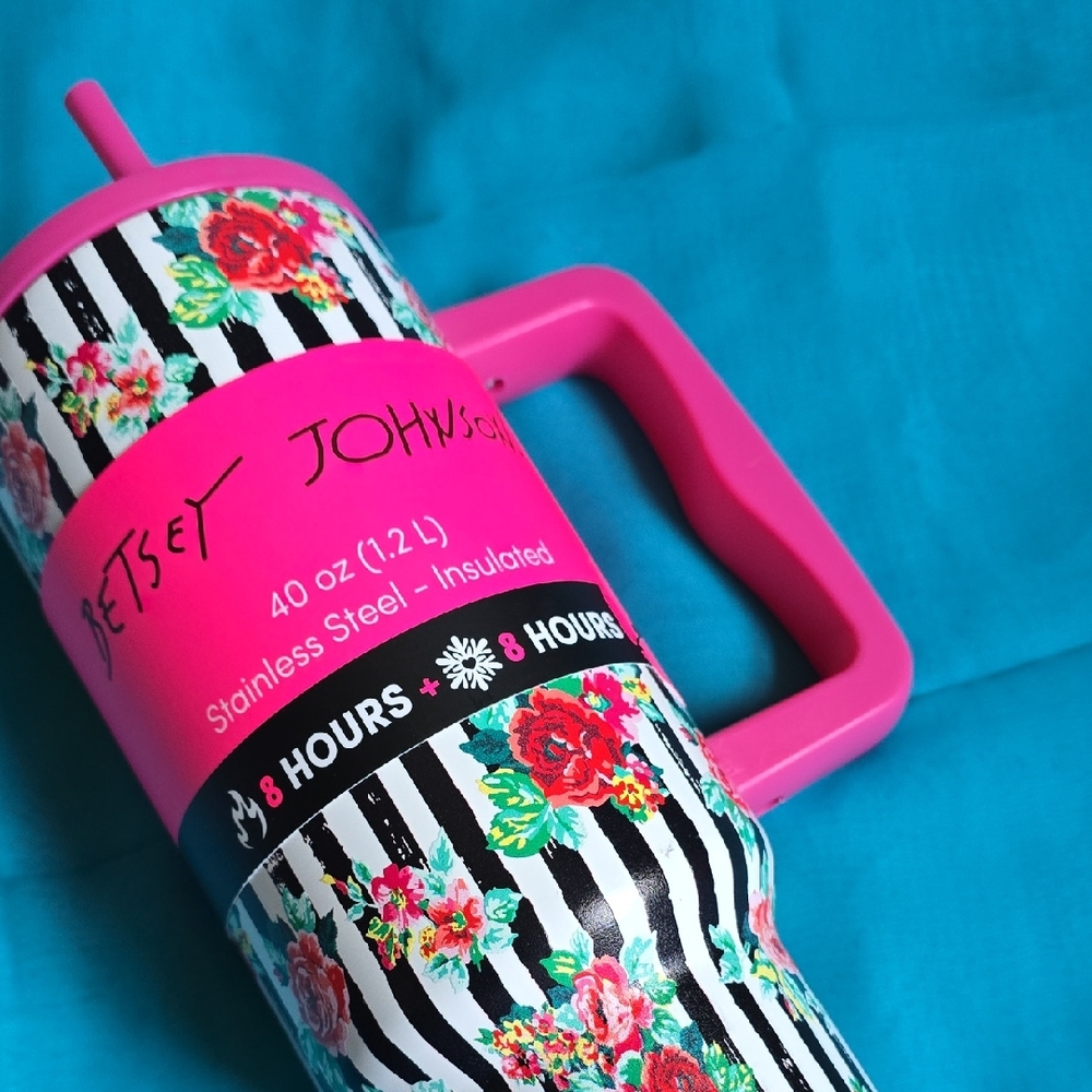 Betsey Johnson Floral Striped Insulated Tumbler - Pink, Black, White